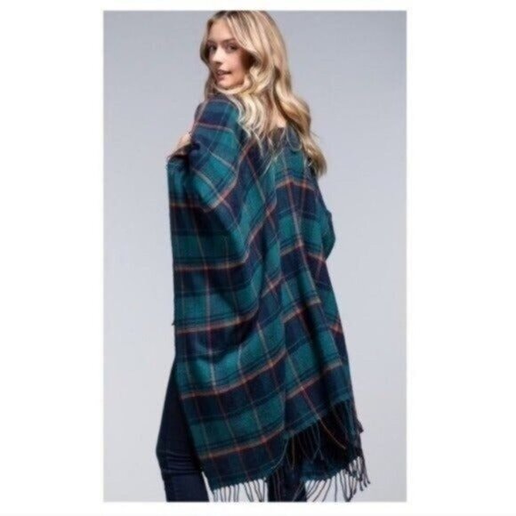 BUFFALO PLAID TEAL RUANA PONCHO-NEW-ONE SIZE-NEW - Picture 6 of 6